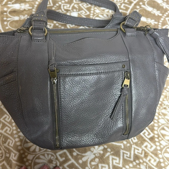 The Sak Grey 100% Leather Pebbled Double Handle Purse Handbag Some Pink Lining - Picture 7 of 16